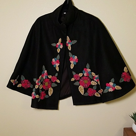 Jackets & Blazers - Hand embroidered floral black wool cape